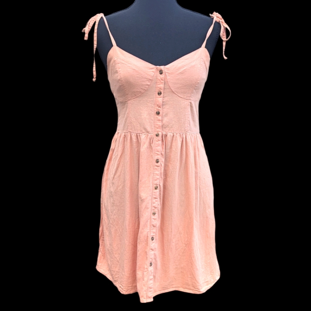Linen Blend Peachy Pink Button-Down Summer Sundress with Tie Straps Aerie